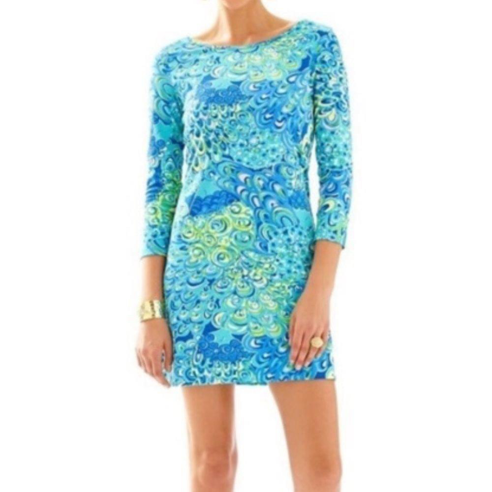 Lilly Pulitzer Marlowe Peacock T-Shirt Dress Blue Green Boatneck Size XS